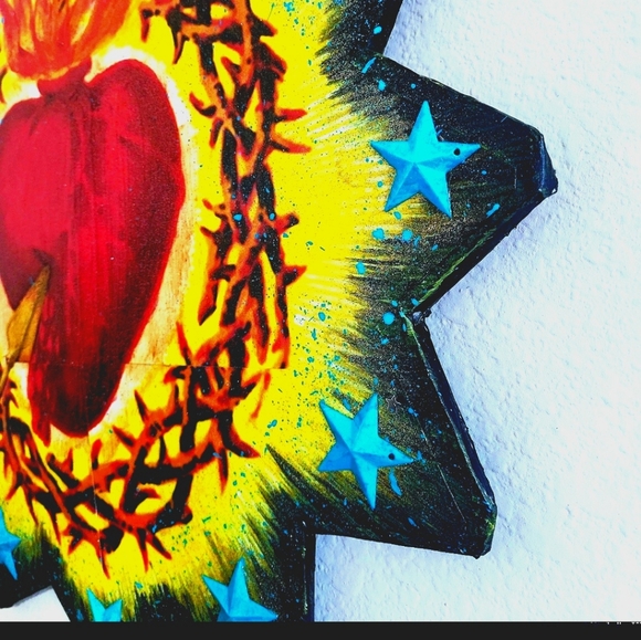 Sacred Heart Mixed Media Decor Handmade Wall Art Vivid Bright Spiritual  Decor - Picture 4 of 5